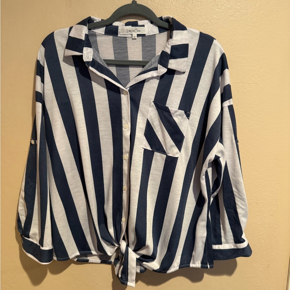 Nautical Eden & Olivia Navy and White Striped Button-Front Top w/Button Sleeves